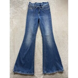 Rockin'C Womens High Rise Flare Tie Waist Blue Denim Jeans 27 Meas: 27x33.5
